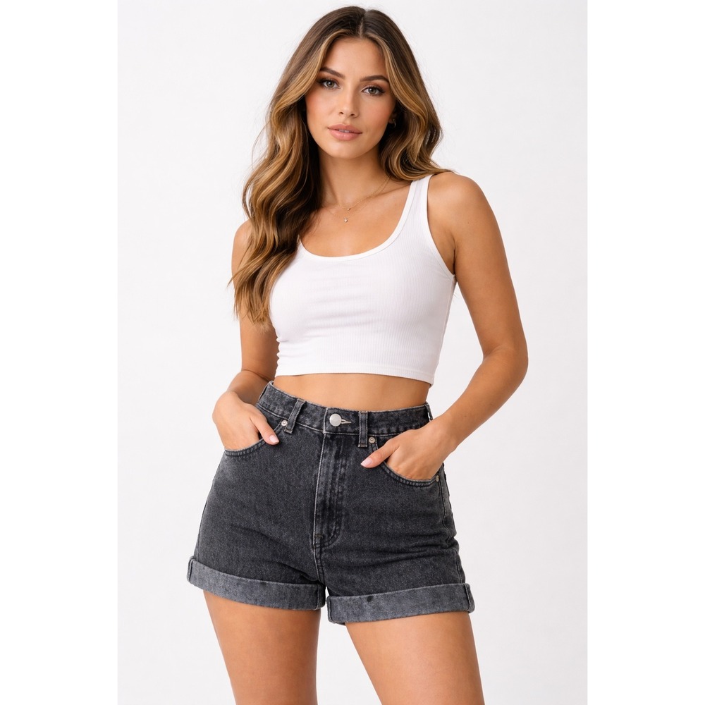 American Apparel High Rise Black Denim Mom Shorts 27 USA Grunge Distressed Y2K